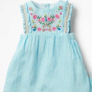 Baby Boden Blue Embroidered Dress with Floral Design